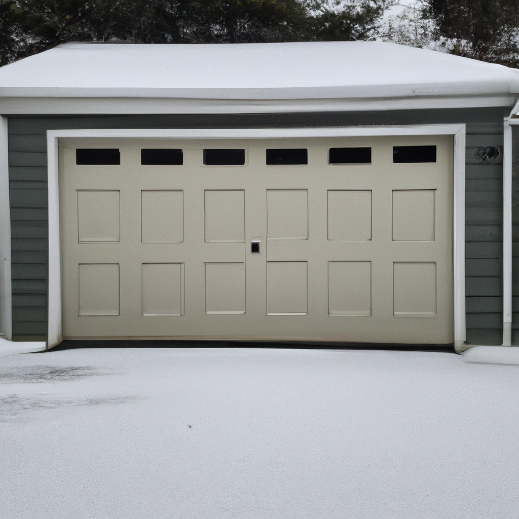 Snow-covered suburban garage door in Milton, Massachusetts with cleared driveway