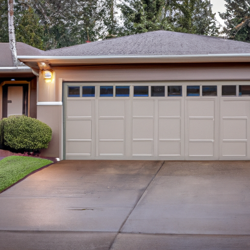 Suburban Auburn home exterior showing a modern sectional garage door, damp driveway, and evergreen landscaping.