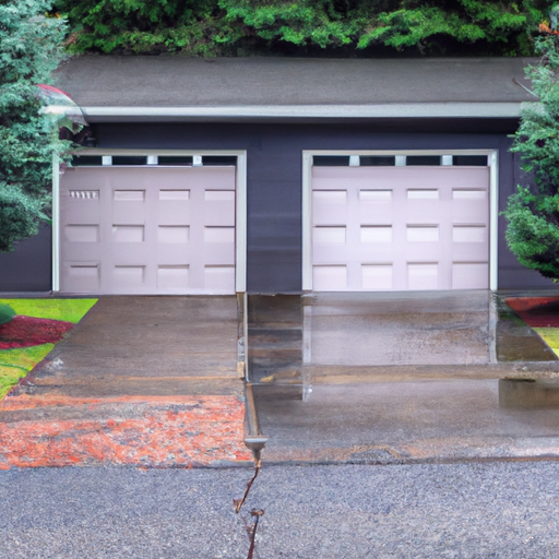 Suburban Auburn garage exterior with closed garage door, wet driveway, and Pacific Northwest trees visible