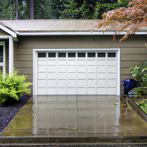 Closed garage door in Auburn, WA with visible bottom seal and wet driveway on an overcast day.