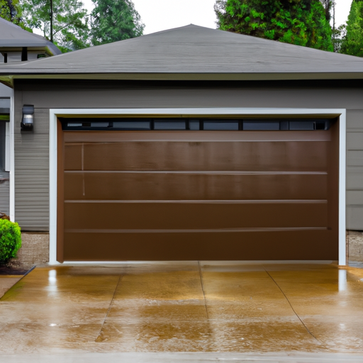 Insulated garage door on a suburban Auburn, WA home with wet driveway and cedar fence in background.