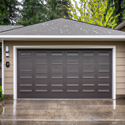 Steel sectional garage door on a wet driveway in Auburn, WA with cedar siding and overcast sky.