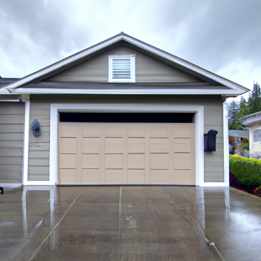 Residential garage door on a cloudy day in Auburn, WA with visible panels, hardware, and wet driveway.