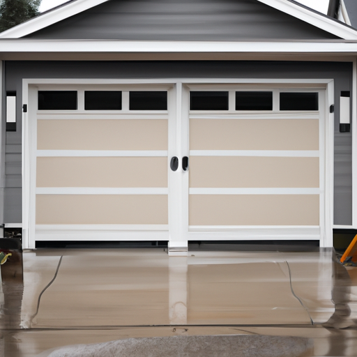 Residential garage door in Auburn, WA on wet street, overcast sky, showing full door, weatherstripping, and driveway.