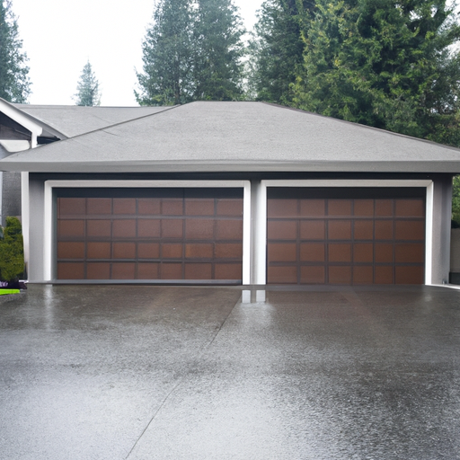 Suburban Auburn home with modern sectional garage door, wet driveway and evergreen backdrop under overcast light.