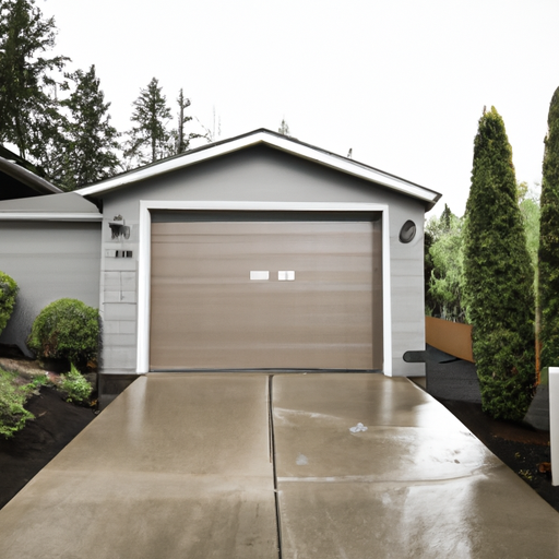 Editorial shot of an insulated steel garage door on a suburban Auburn, WA home with evergreen backdrop and overcast sky.