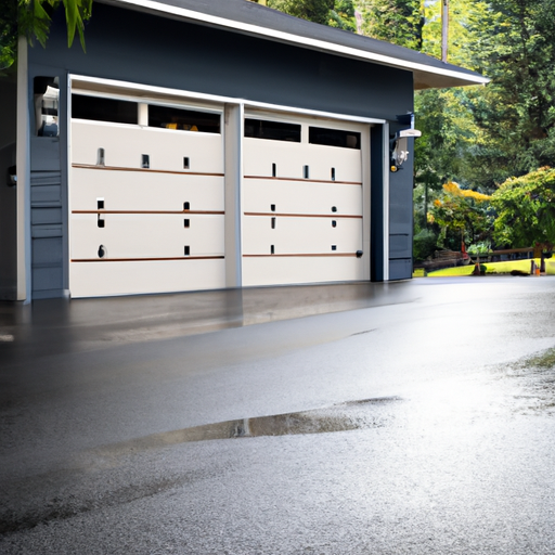 Suburban Auburn garage with a modern sectional door slightly open, wet driveway and evergreen backdrop, no people or logos.