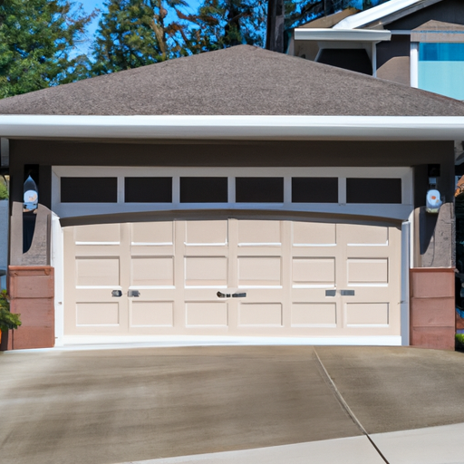 Suburban Auburn garage with a modern sectional door partially open, showing sensors and opener hardware.