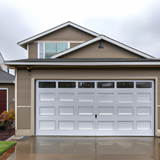 Residential insulated steel sectional garage door in an Auburn, WA neighborhood on a wet overcast day.