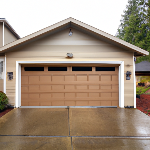 Editorial photo of a residential garage door in Auburn, WA with a raised-panel steel door, driveway, and wet pavement, no people.