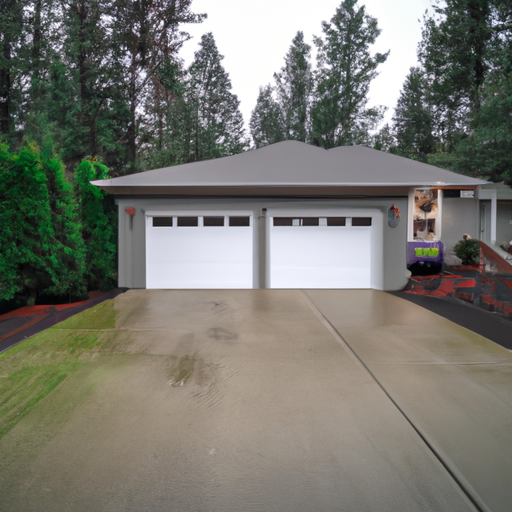 Suburban Auburn home with a closed modern two-car garage door, damp driveway and evergreen backdrop under overcast sky.