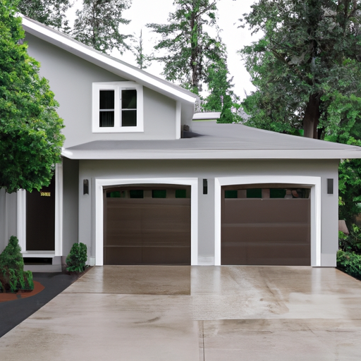 Residential garage in Auburn, WA with modern closed garage door, wet pavement and evergreen landscaping.