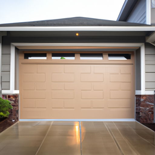 Insulated garage door and sealed threshold on a residential Auburn, WA home, morning light, smart opener visible.