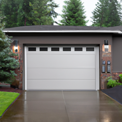 Modern steel garage door with smart keypad and wall-mounted sensor on a wet driveway in Auburn, WA.