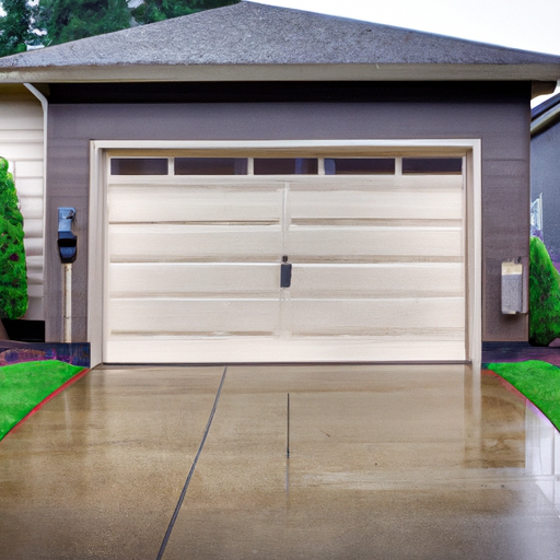 Suburban Auburn house with a closed factory-finish steel garage door on an overcast northwest day, wet driveway and evergreen landscaping.