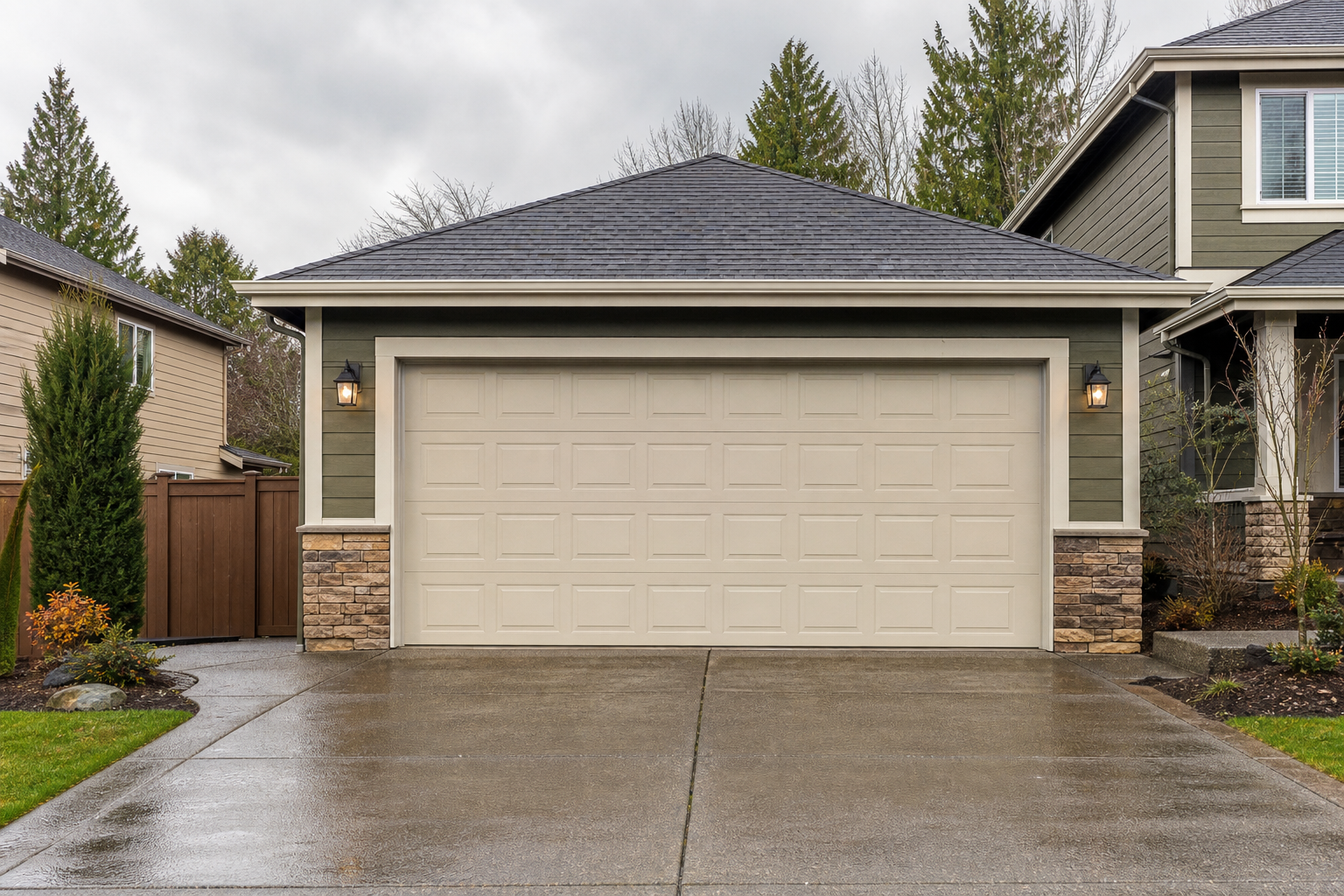 Suburban garage door exterior in Auburn, WA on a cloudy day
