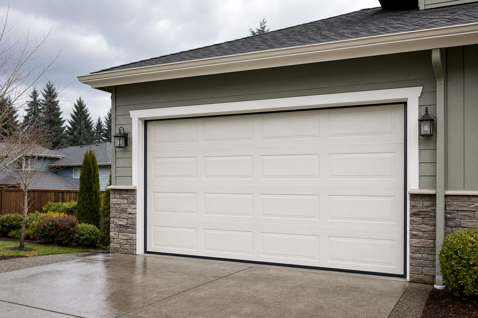 Suburban Auburn garage with a closed insulated door and weather seals on a cloudy day